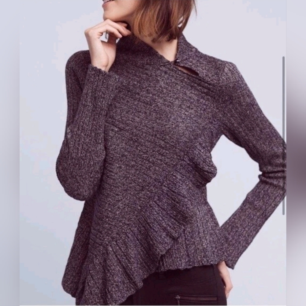 NWT Anthropologie Knitted&Knotted Cascading Ruffle Sweater In Heathered Dark Nav